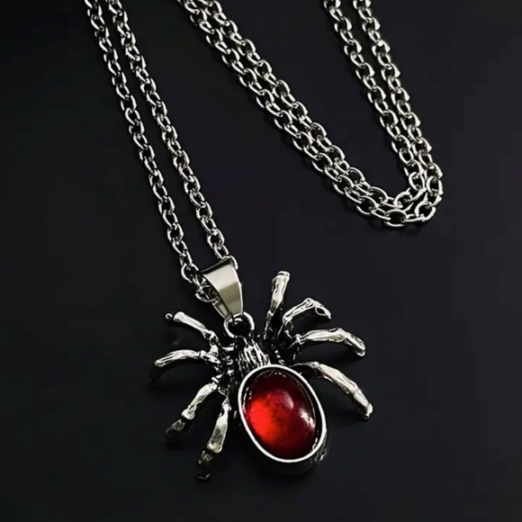 Gothic Vintage Style Spider Pendant Necklace with Red Faux Gemstone - Picture 2 of 4
